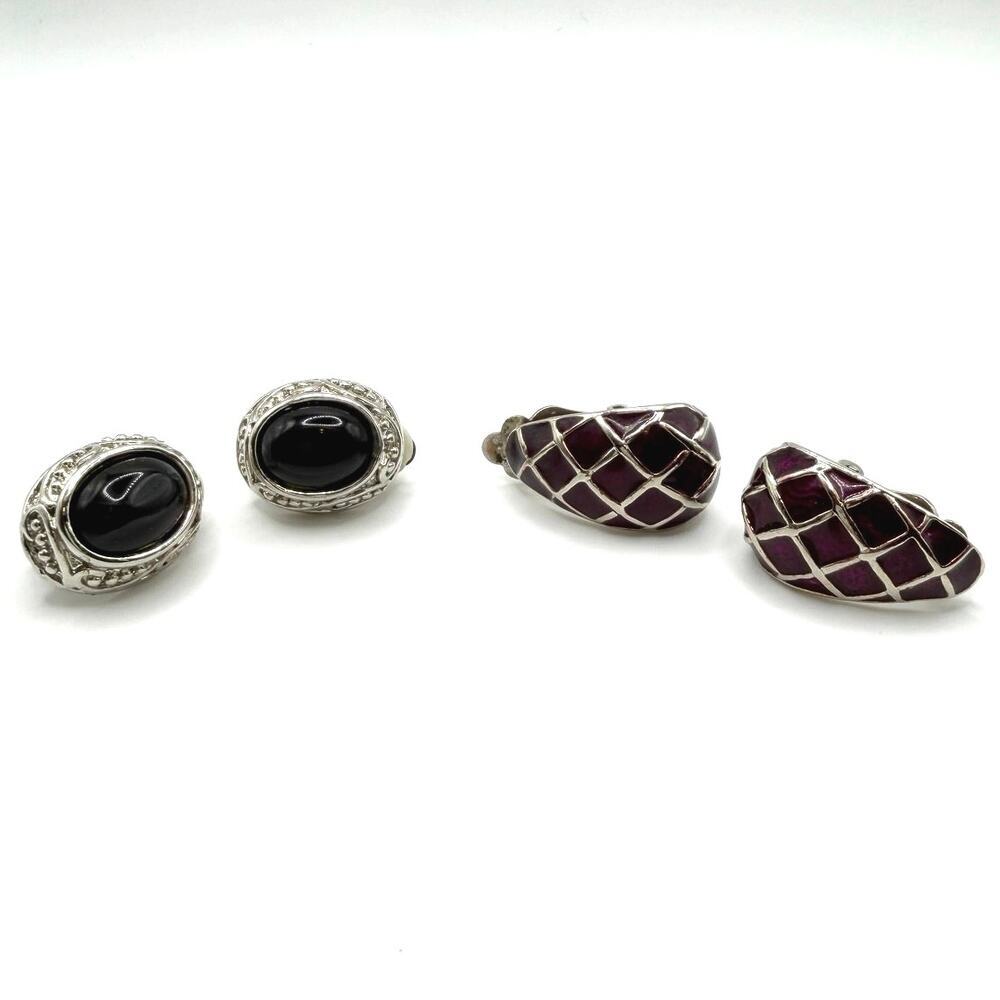 4 pc SET Silver Tone Black Cabochon Purple Clip Earrings Vintage